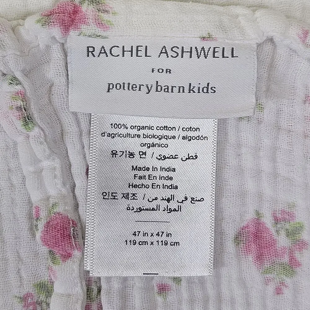 Pottery Barn Rachel Ashwell Baby Blanket Organic Cotton Gauze White Pink Floral